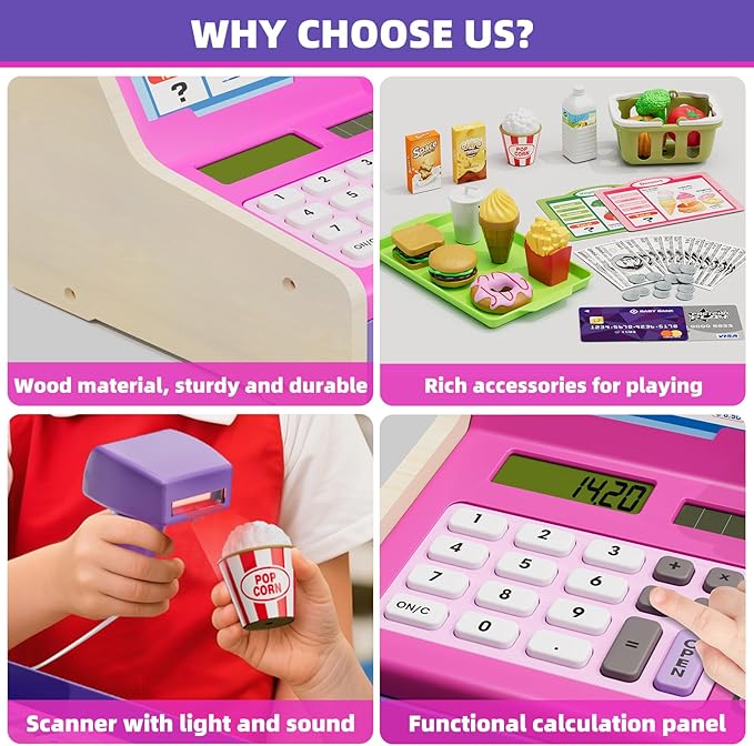 HYES Cash Registers for Kids, Rechargeable Pretend Play Toys Supermarket & Fast Food Restaurant, Cashier Toy with Play Money, Pretend Food, Birthday Gifts for Kids Boy & Girl Age 4-8, Pink