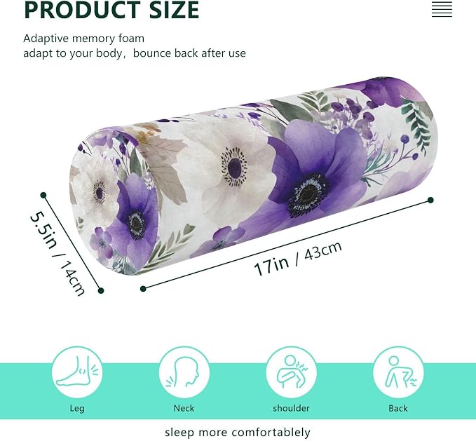 Purple White Lotus Flowers and Berries Neck Roll Pillow Bolster Round Health Memory Foam Long Cervical Cylinder Pillows with Removable Washable Cover for Body Bed Legs Back Yoga