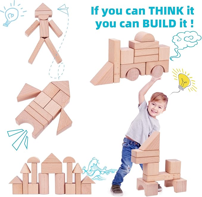 Kids Wooden Blocks - 100 Pcs - Building Blocks for Toddlers - Natural Beech Wood Blocks - Preschool Learning Toys Stacking Block