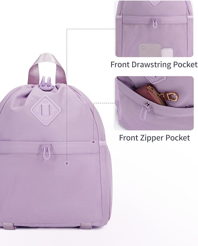 WANDF Drawstring Backpack for Women, Lightweight Gym Bag with Yoga Mat Strap, Water-Resistant String Backpack with Mesh Pocket (Purple, Patent Pending)