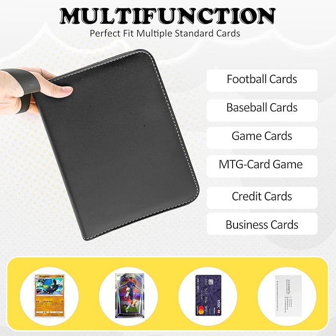 4 Pockets Trading Card Binder, 400 Card Holders with 50 Removable Sleeves, Portable Card Binder Album with zipper, Card holder Book for Game, Sport Collection (Black)