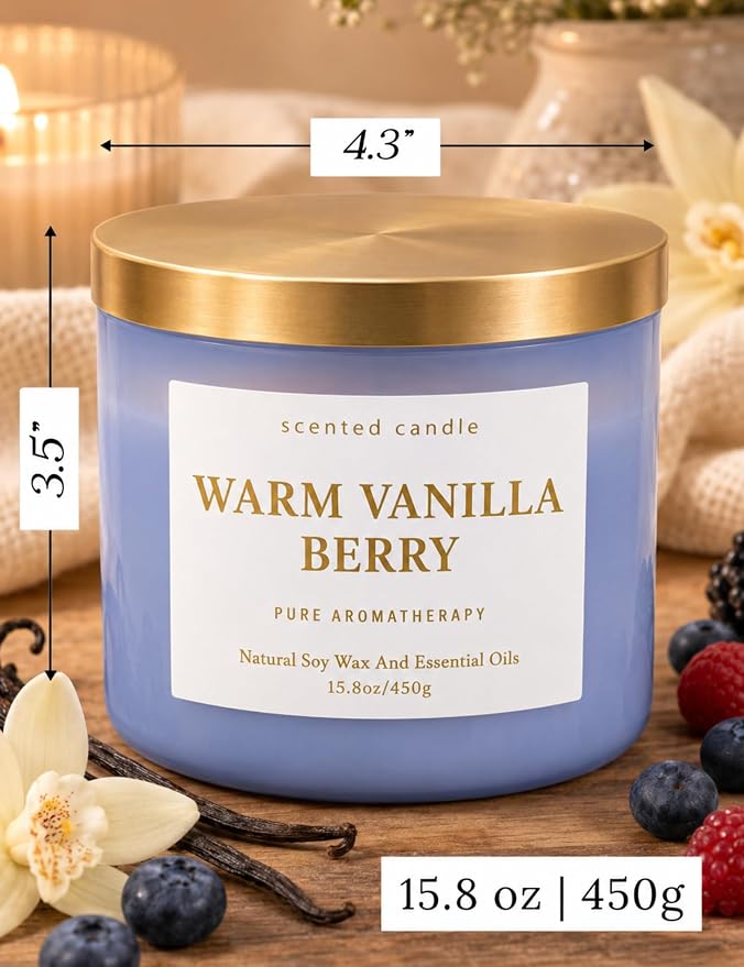 Warm Vanilla Berry 3-Wick Soy Candle, 15.8 oz Scented Candle for Home | Strawberry, Raspberry & Spice, Aromatherapy Relaxing, Highly Scented, Clean Burn, Summer & Fall Candle, Gift for Women & Men