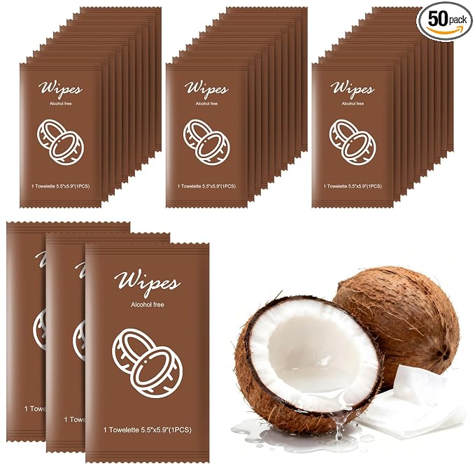Individual Hand Wipes Wet Wipes Travel Size,Wet Wipes Individually Wrapped | 50PCS Bulk Cleansing Travel Size Wipes for Wedding Travel Restaurant Barbecue(Coconut)