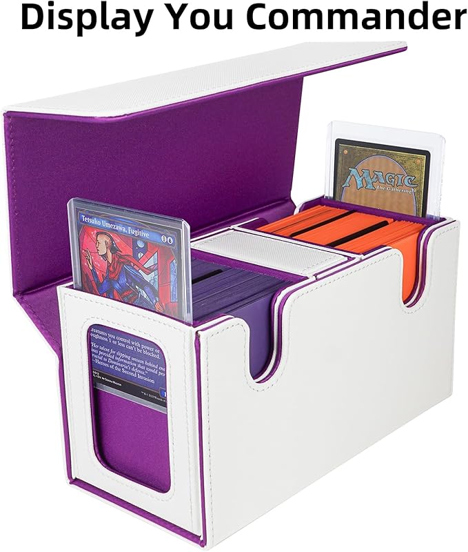 AFIING MTG Commander Card Storage Box - Fits 200 Double Sleeved Cards,3-in-1Card Deck Case,Mtg deck Card Organizer For Commander TCG CCG,4Dividers &2 Toploaders, Whtie/Purple