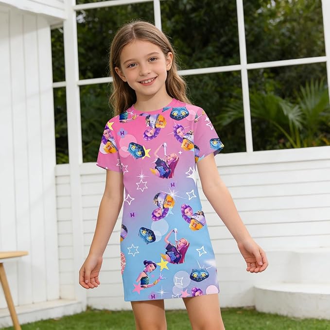 Girl's Anime K-POP Graphic Long Dress T-Shirt - Casual Loose Fit Short Sleeve Top