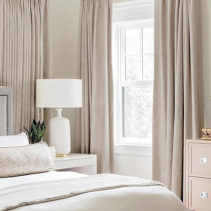 MIULEE 100% Blackout Linen Textured Curtains for Bedroom Solid Thermal Insulated Natural Beige Grommet Room Darkening Curtains & Drapes Luxury Decor for Living Room 52 x 80 Inch (2 Panels)