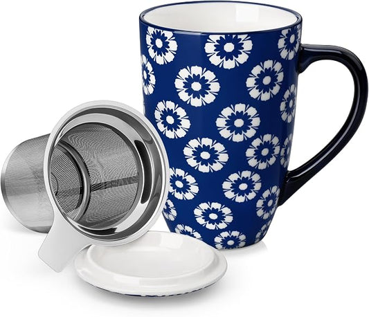 vancasso SELENE Porcelain Tea Mug, 18 oz Porcelain Tea Cup with Infuser and Lid Steeps Loose Leaf Tea, Microwave & Dishwasher Safe, Daisy Cluster