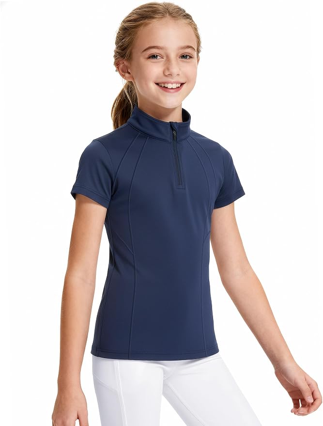 JOCMIC Girls Equestrian Shirt Short Sleeve Quick Dry Horse Riding Shirts Half Zip Horseback Show Shirt