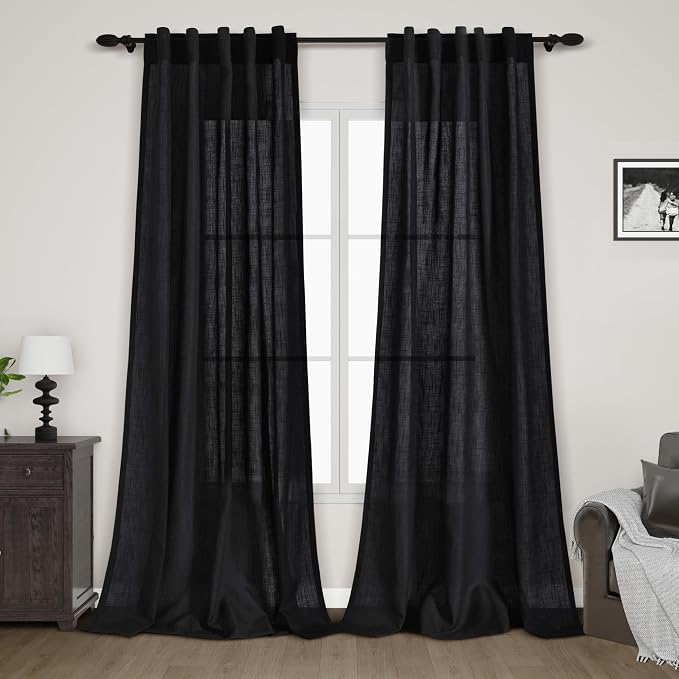 Black Semi Sheer Curtains 108 Inches Long 2 Panels Set Back Tab Loop Pocket Linen Blend Boho Large Window Drapes Extra Long Light Filtering Drapes High Ceiling Curtains for Living Room 40x108