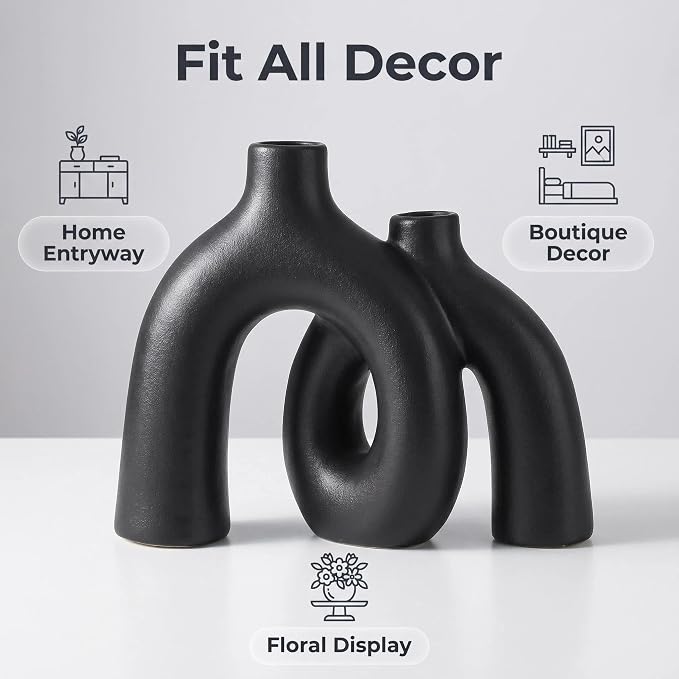 CEMABT Modern Nordic Boho Vase Set - Elegant Black Matte Ceramic Home Decor for Living Room, Bookshelf, Mantel, Entryway Table & Console Décor | Shelf Decorations Gift