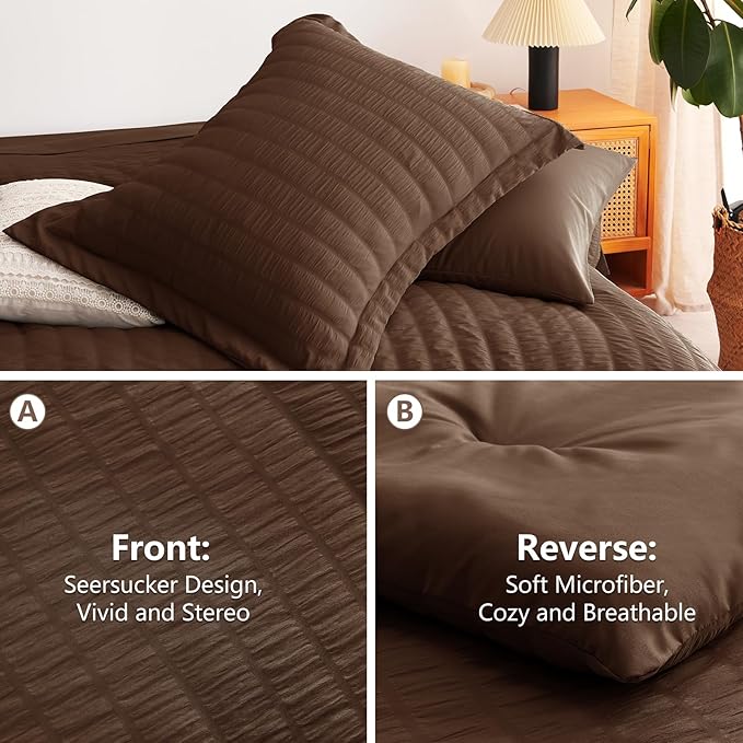 CozyLux King Size Comforter Set Brown Seersucker 7 Pieces Bed in a Bag King Comforter Set with Sheets, Luxury Soft Bedding Sets with Down Alternative Comforter, Sheets, Pillowcases & Shams All Season