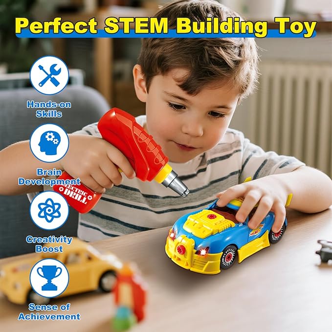 Pup Go Construction Toys for Boys Age 3-8, Take Apart Toy Car Racing, 30 Pieces Building Toys with Electric Drill, Build Your Own Car with Realistic Sounds & Lights, STEM Gifts Kids (4 Spare Screws)