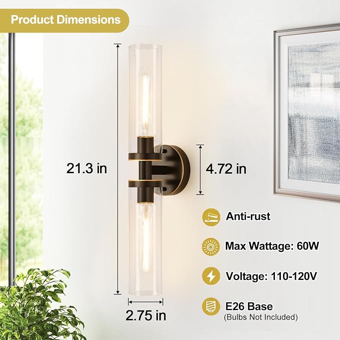 Indoi Wall Sconces Set of Two, Hardwired Brown Bathroom Sconces Wall Lighting with Clear Glass, Modern Sconces Wall Decor Set of 2 Bathroom Light fixtures for Mirror Hallway (Bulbs Not Included)