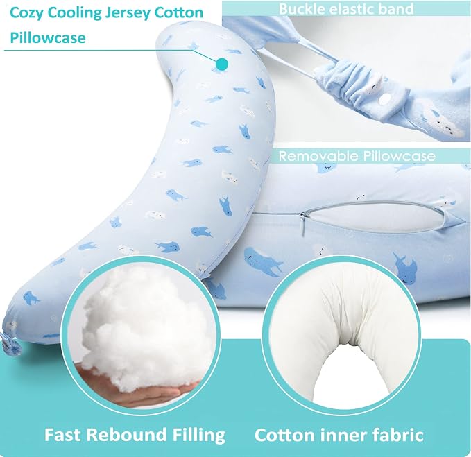 BYRIVER Firm C Shaped Body Pillow for Side Sleeping Women Men, Cooling Pregnancy Pillows for Sleeping, Washable Jersey Cotton Cover, Gifts for New Mom Women (Little Shark)
