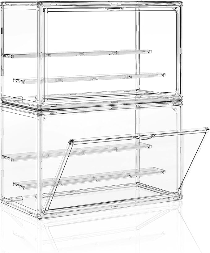 Clear Acrylic Display Case for Collectibles 3 Layer Hobby Figure Display Case Box with Shelves Stackable Figurine Display Boxes for Funko Pop Mart Labubu Model, 2 Pack