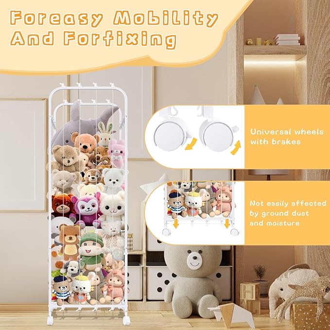Metal Tube Stuffed Animal Holder, Large Stuffed Animal Storage, White Plushies Storage Elastic Band, Toys Organizer with 360° Brake Wheels for Nursery, Kids Room, Playroom