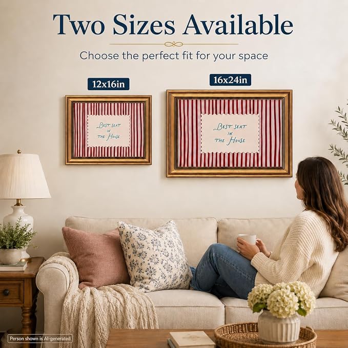 Funny Bathroom Wall Art, Vintage Gold Framed Best Seat in the House, 12x16 | Red striped canvas with Best Seat in the House quote, rustic farmhouse decor for bathroom, living room, bedroom or entryway