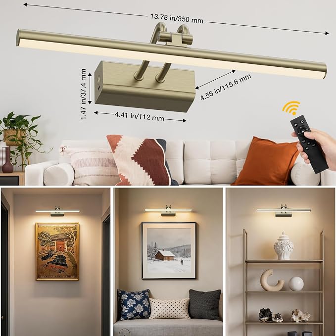 Picture Light for Wall, Antique Brass, 13.8", Remote Control | 4000mAh Cordless,Wall Light, Magnetic for Easy to Charge,Timers, Display for Gallery Living Room Bedroom