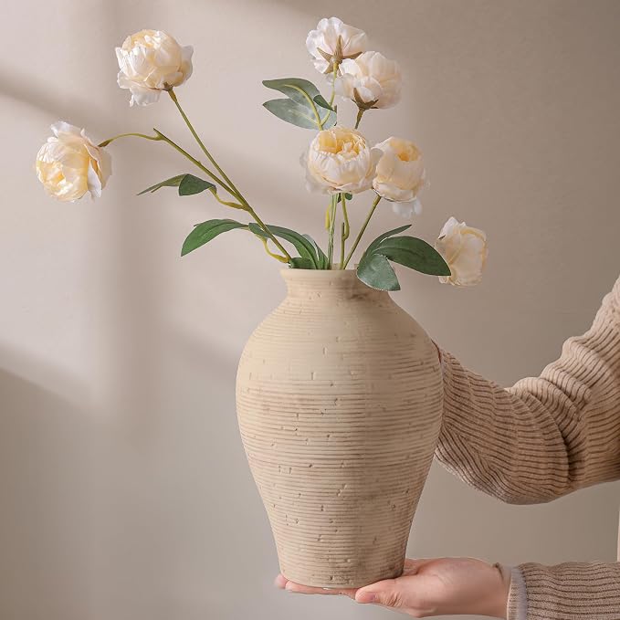 Ceramic Flower Vase Home Decor, 9 in Farmhouse Table Vase Retro Vintage Living Room Kitchen Bedroom Decoration Pottery Decorative Vases for Flowers Shelf Office Coffee Desk Dining Entryway, Rustic