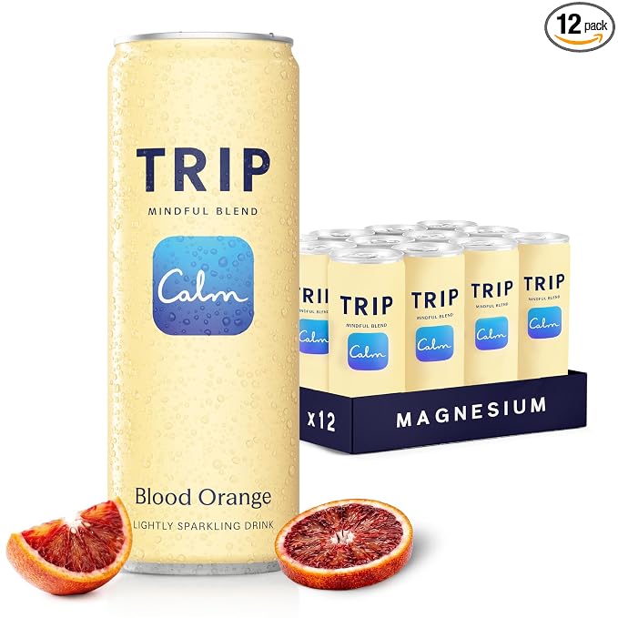 TRIP Lightly Sparkling Adaptogen Drink, Non Alcoholic Drink with Magnesium, Ashwagandha, Lions Mane & L Theanine, No Added Sugar Mocktail, Vegan, Blood Orange, 12 Oz, 12Pk