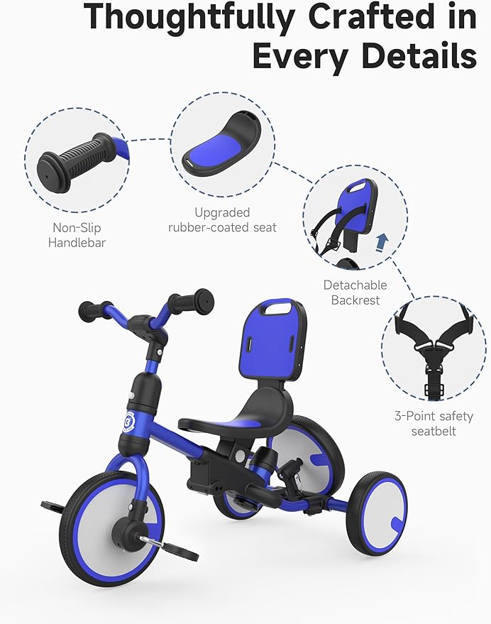 besrey Toddler Tricycle with Spare Wheel,Toddler Bike 1-3 Years Old,5 in 1 Kids Trike with Push Handle,Backrest and Safety Belt,Balance Bike 1+ Year Old,Birthday Gift and Toy for Boys and Girls