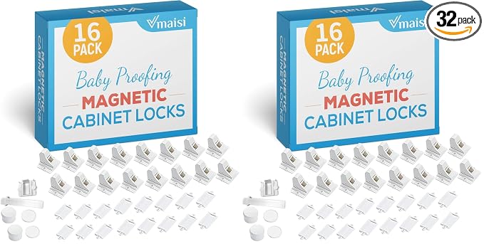 Vmaisi 32 Pack Child Safety Magnetic Cabinet Locks - Children Proof Cupboard Baby Locks Latches - Adhesive for Cabinets & Drawers and Screws Fixed for Protection