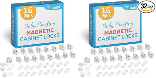 Vmaisi 32 Pack Child Safety Magnetic Cabinet Locks - Children Proof Cupboard Baby Locks Latches - Adhesive for Cabinets & Drawers and Screws Fixed for Protection