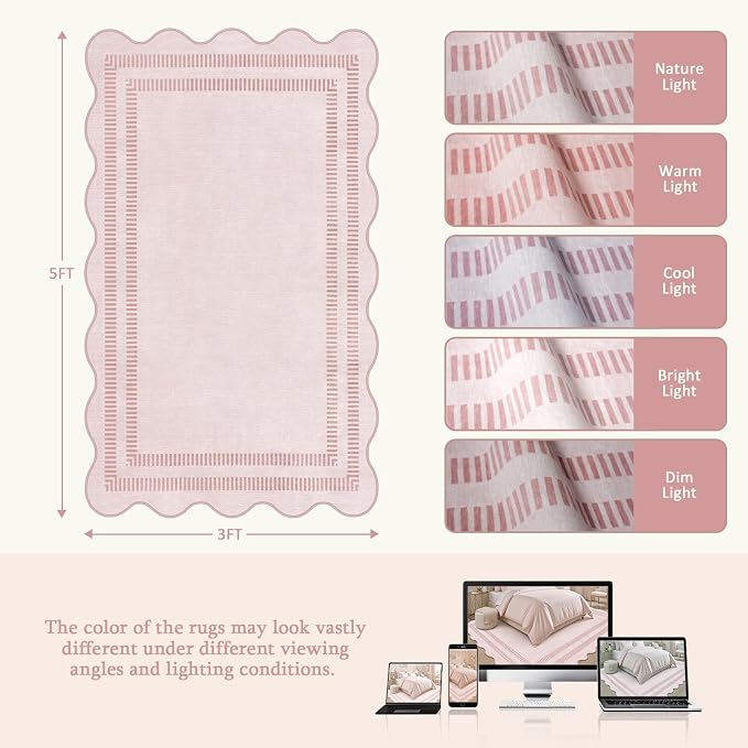 Washable 3x5 Indoor Entryway Rug, Solid Pink Non Slip Rugs for Bedroom Girls, Stain Resistant Scalloped Soft Carpet for Nursery Dorm Kitchen