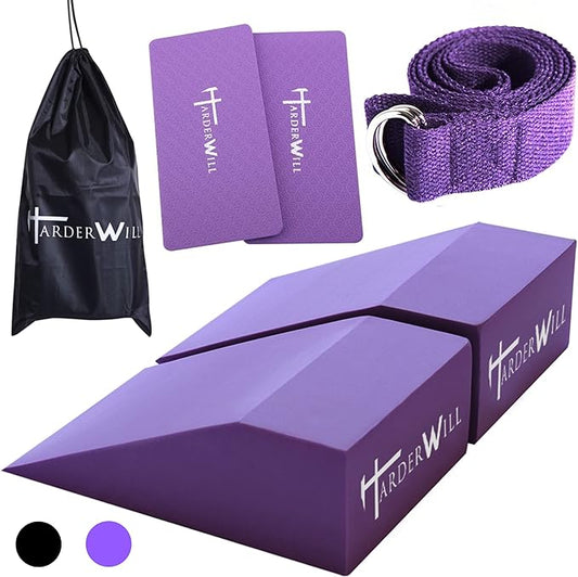 Yoga Foam Wedge Blocks (Pair), Calf Raise Block, Calf Stretcher, Yoga Wrist Support, Balance, Pushup, Fitness, Pilates, Heel Stretcher, Squat Wedge with Gym Bag