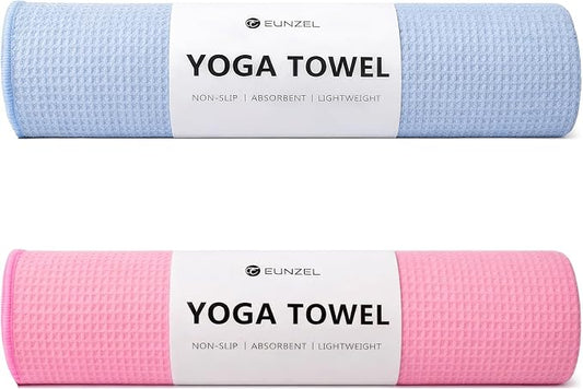 Eunzel 2 Pack Hot Yoga Towel, Non-Slip Yoga Mat Towel with Grip Dots Stickyfiber Sweat Absorbent Towel for Hot Yoga, Pilates and Workout 72" x 24", Blue/Pink