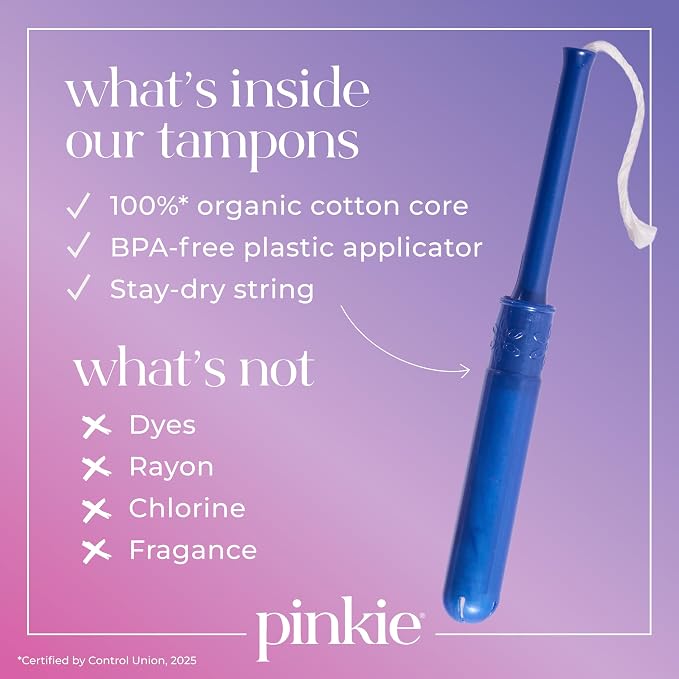 Pinkie Organic Tampons for Teens & Adults - 100% Cotton Core Adapts to Your Body - Slim BPA-Free Applicator for Comfortable Insertion - Chlorine, Fragrance, Dye & Rayon Free - Light/Regular, 36 Count