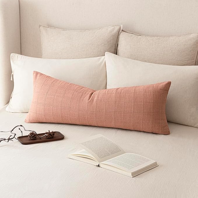 Foindtower Set of 2 Decorative Linen Check Throw Pillow Covers Neutral Farmhouse Vintage Cushion Covers Cozy Modern Boho Accent Home Decor for Sofa Chair Couch Bed Living Room,14×36 Inch,Coral Pink