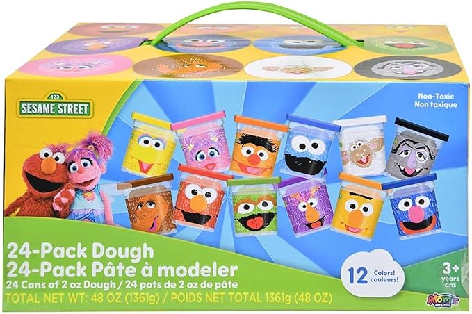 Leap Year Sesame Street 24-Pack of Dough with Carrying Handle, Includes 24 cans of 2oz Dough in 12 Popular Colors, Gift for Kids