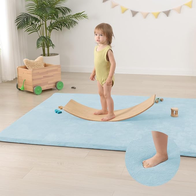 Baby Play Mat for Floor,Extra Large 59"×71" Playpen Mat for Tummy Time,Thicker Padded Elasti Foam Activity Mats,Water Repellent Ultra Soft Velvet,Non-Slip Backing Safe（Light Blue）