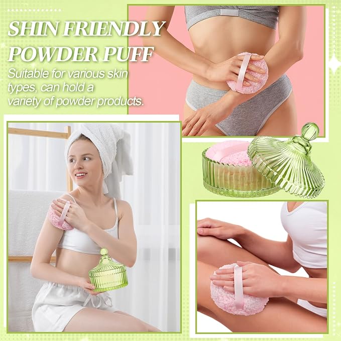 Extra Large Body Powder Puff and Container, 5.5'' Crystal Container with 5.3'' Oversize Dust Powder Puff Washable Reusable Face Body Glitter Wet Dry Makeup Gift(Green)