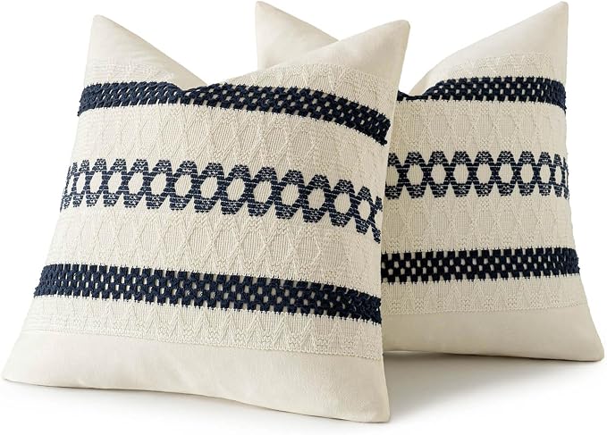 MIULEE Set of 2 Navy Blue Boho Decorative Pillow Covers 20x20 Inch | Farmhouse Couch Throw Pillows, Modern Coastal, Cotton Cushion Covers, Macrame Woven Home Decor for Bed Sofa Chair