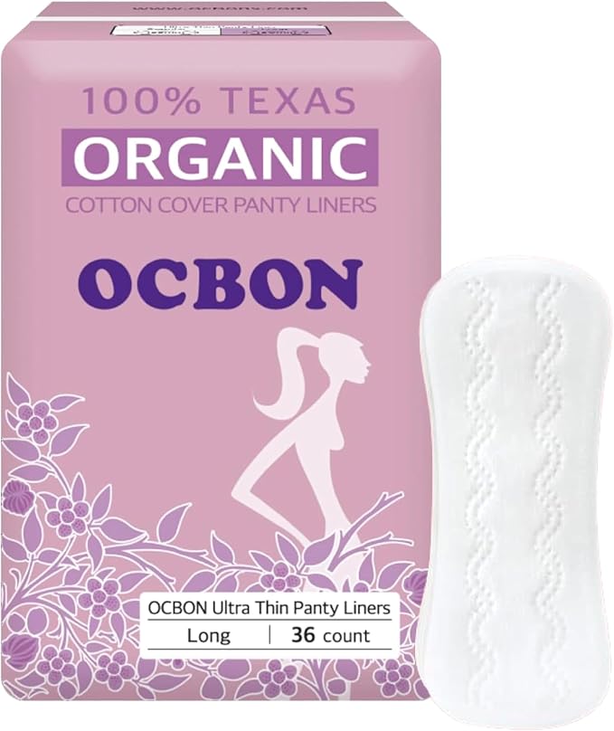 OCBON Ultra Thin Sanitary Pantyliners (Long, 7.1 inch, 36 Counts) - Ultra Thin, Unscented 100% Organic Cotton Panty Liners for Women. Chemical-Free, Extra Soft, Ideal for Sensitive Skin