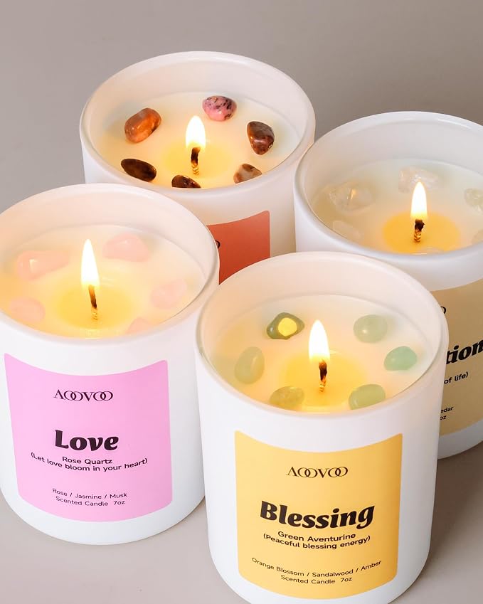 AOOVOO Healing Candles Set for Women - 4 Pack Candles for Home Scented, Aromatherapy Candle with Crystals, Gratitude Rhodonite/Appreciation Clear Quartz/Blessing Aventurine/Love Rose Quartz