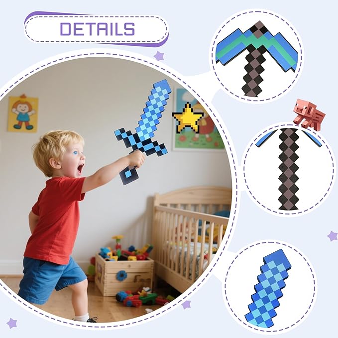 Foam Sword and Pickaxe Set Kids Role Play Toys for Halloween, Cosplay Video Game Parties