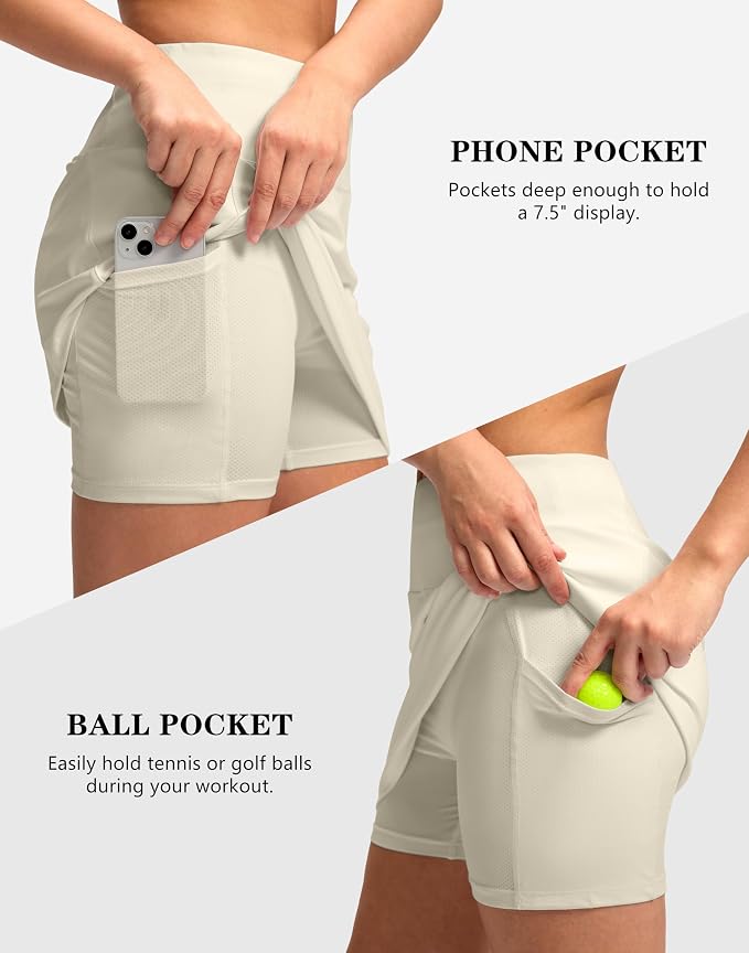 Women's Golf Skirts Skort 4 Side Pockets High Waisted Stretchy Tennis Skirt | Silky Soft, Lightweight, Breathable, Built-in Mesh Shorts, High Waisted, Elastic waistband, Moisture-Wicking, Athletic
