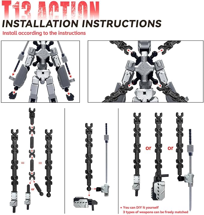 (Assembly Completed) 8 inch T13 Action Figure Set,T 13 Action Figure Multi-Articular Mobile Robot Nova T-13,Desktop Decorations for Game Lovers Toys (Black Red)