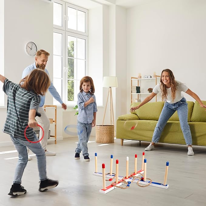 Indoor Outdoor Toys Games Upgraded Large Wooden Ring Toss Game Yard Games for Kids, Lawn Outdoor Games for Family with 10 Plastic Ring and 10 Ropes,1 Carry Bag