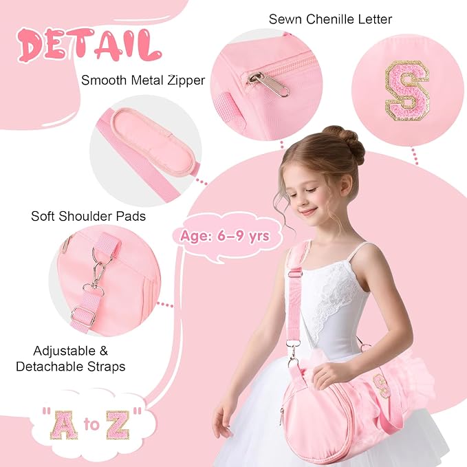 Personalized Initial Dance Bag for Girls 6-9, Medium Lace Gym Sport Yoga Cheer Dance Bags Gift for Teen Girls, Cute Letter Kids Ballet Bag Toddler Travel Duffel Tote with Adjustable Straps(Pink-S)