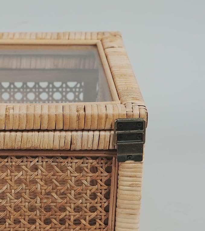 Rattan Display Box for Home Decor with Lid - Rectangular Coastal Bohemian Style Stackable Decorative Storage Box Set - Handmade from Natural Rattan, Cedar & Real Glass