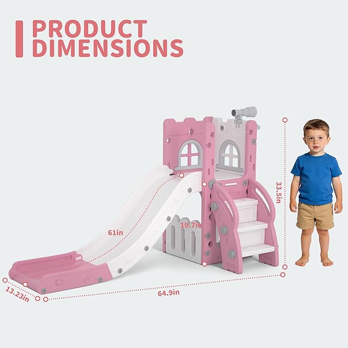 6 in 1 Toddler Slide Playset, Kids Indoor Outdoor Playground with Basketball Hoop,Storage and Telescope,Toddler Climber Slide Activity Center