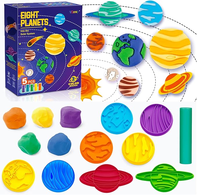 VConejo Color Dough Sets for Kids Ages 2-4, Planets Theme Color Dough Tool Set for Kids Ages 4-8, Color Dough Accessories Toys for Ages 5-7 Boys Girls Toddlers 14 Piece