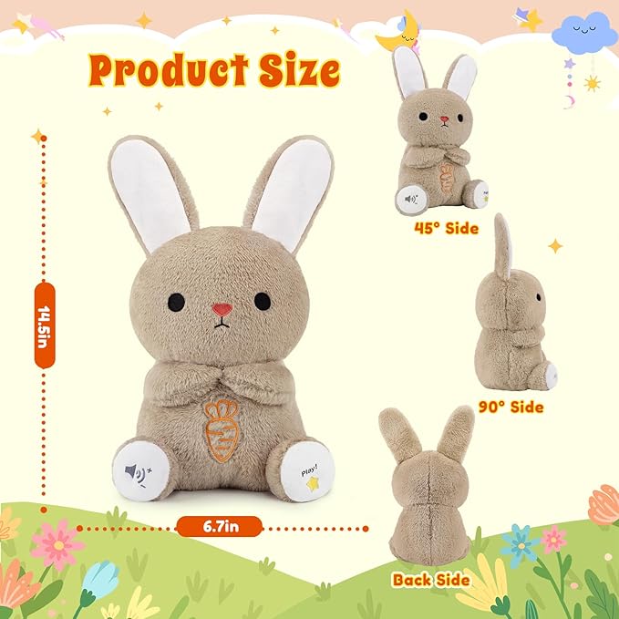 BRICHOEE Breathing Stuffed Animal, Soothing Bunny Stuffed Animal with Moving Ears, Breathing Motion, Calming Sound and Light for Baby Sleep Companion Portable Plush Toy Gifts for Kids Adults Newborns