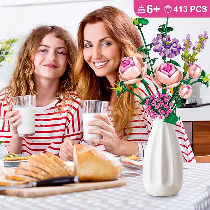 Flower Bouquet Building Blocks Pink Rose Botanical Collection Bricks Sets Creative Toys Kits Mother's Day Birthday for Adults Mom Girlfriends Old Kids 8-12, 6-12 (413PCS)