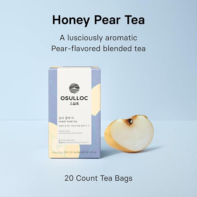 OSULLOC Honey Pear Tea (Sweet Pear & Honey Flavor), Iced tea bags Fruit tea Blend, Premium Teabags from Jeju Island, 20 count