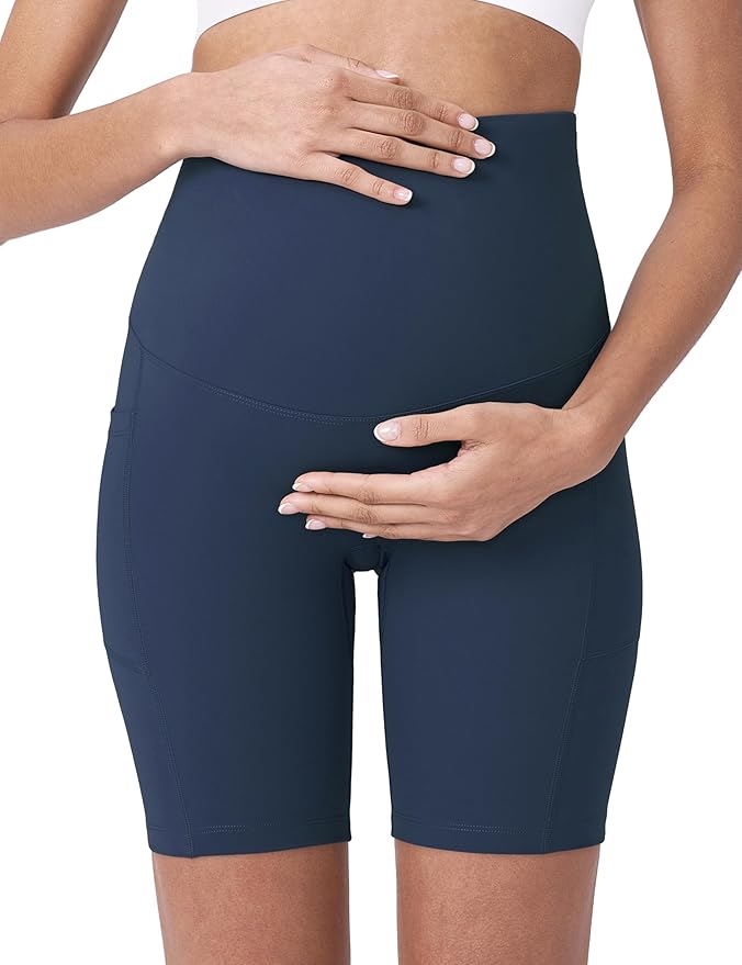 POSHDIVAH Women's Maternity Yoga Shorts Over The Belly Bump Summer Workout Running Active Short Pants with Pockets 5"/8"